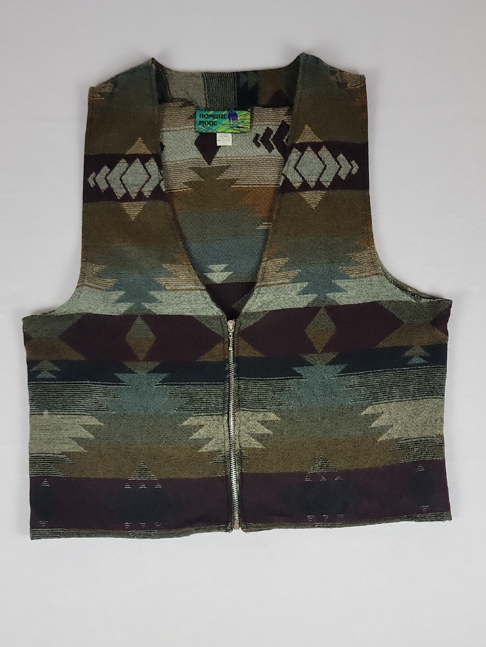 Southwest Olive & Brown Aztec Zip Front Vest Size L Hombre Mode USA Made
